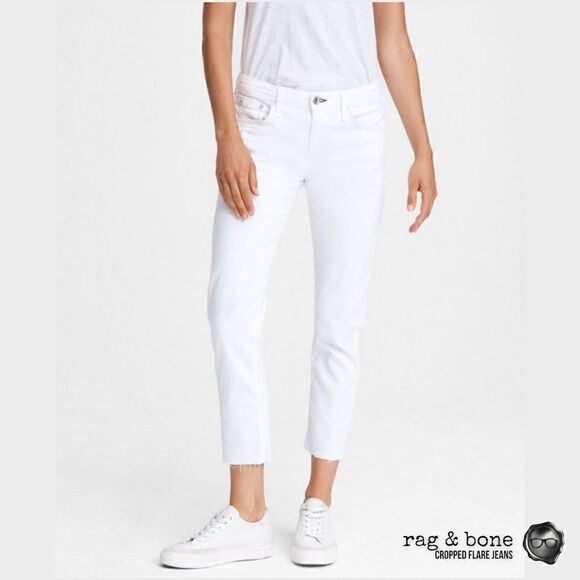 RAG & BONE CROP FLARE DENIM JEAN IN BRIGHT WHITE WOMEN 26 28 RAW FRAYED HEM NWT